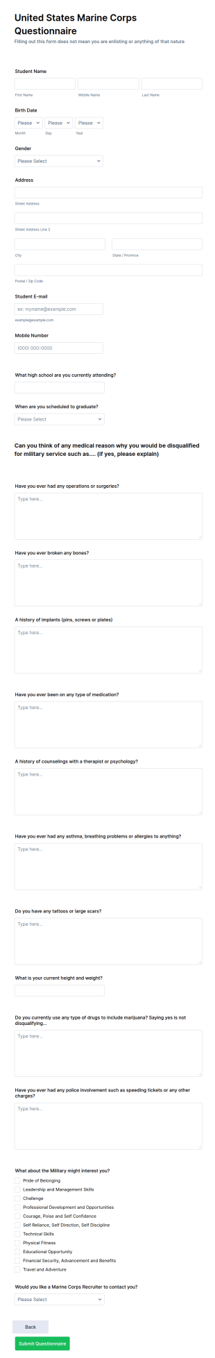 United States Marine Corps Questionnaire Form Template