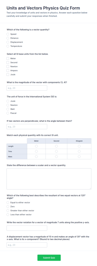 Units And Vectors Physics Quiz Form Template