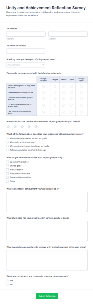 Unity And Achievement Reflection Survey Form Template