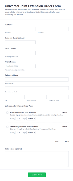 Universal Joint Extension Order Form Template