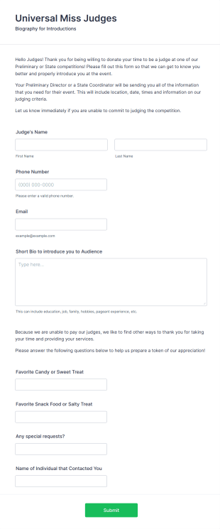 Universal Miss Judge Information Form Template