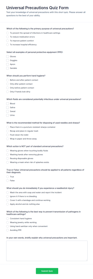Universal Precautions Quiz Form Template
