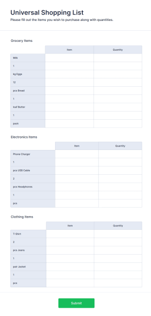 Universal Shopping List Form Template