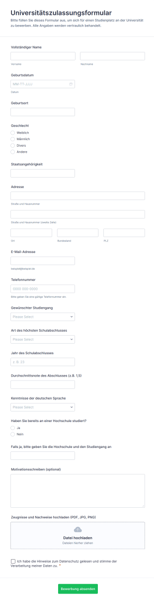 Universitätszulassungsformular