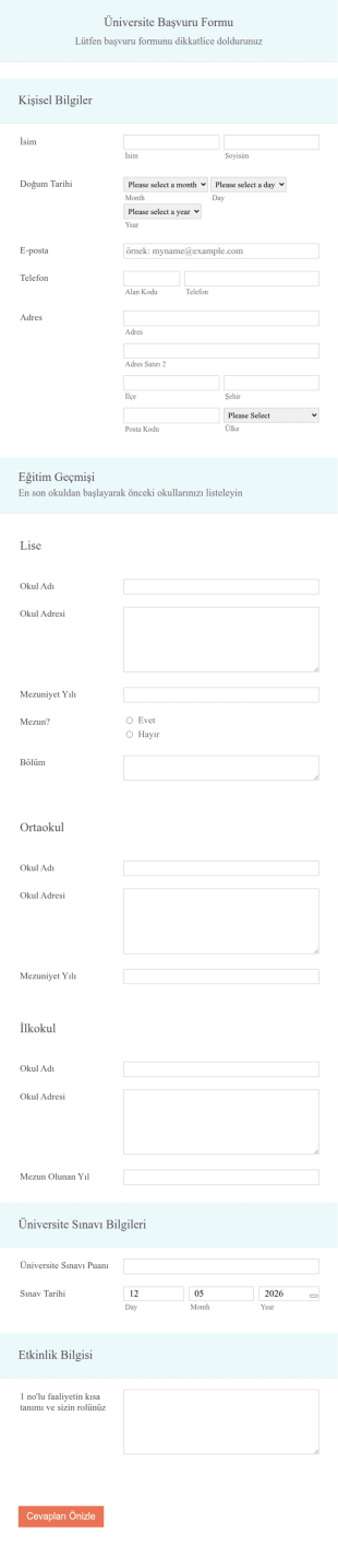 Üniversite Aday Başvuru Form Şablonu
