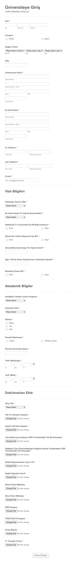 Üniversite Giriş Form Şablonu