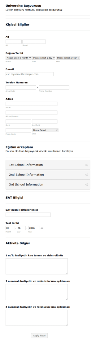 Üniversite Kayıt Form Şablonu