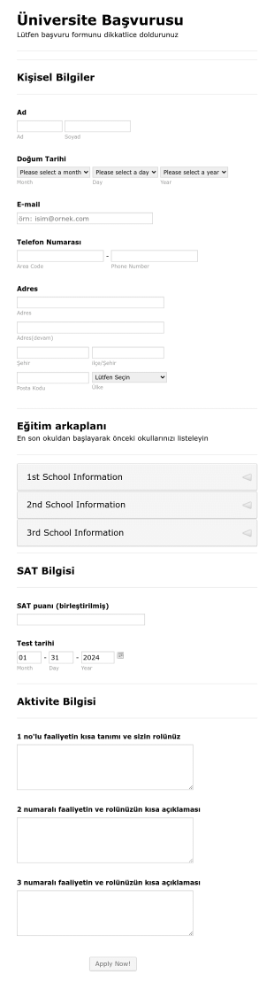 Üniversite Kayıt Form Template