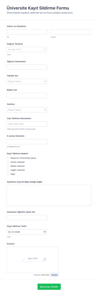 Üniversite Kayıt Sildirme Form Şablonu
