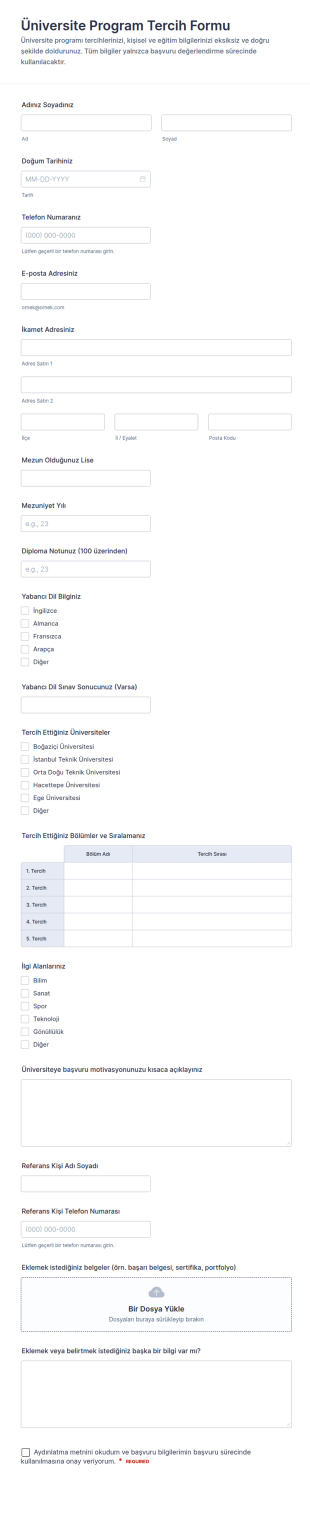 Üniversite Program Tercih Form Şablonu