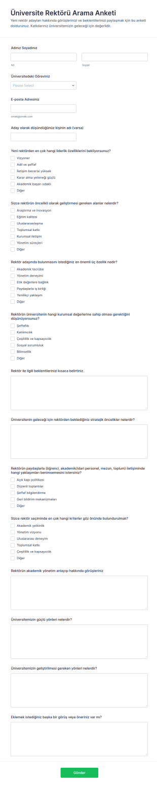 Üniversite Rektör Adaylığı Anketi Form Şablonu