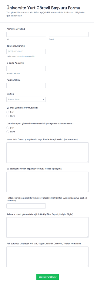 Üniversite Yurt Görevli Başvuru Form Şablonu