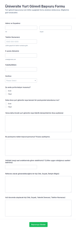Üniversite Yurt Görevli Başvuru Form Şablonu