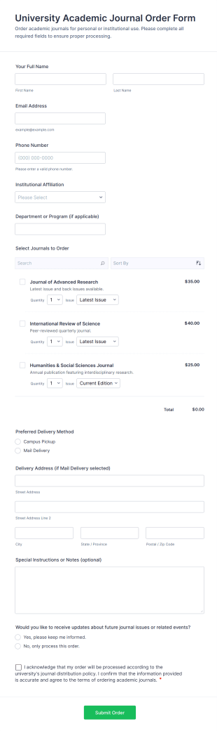 University Academic Journal Order Form Template