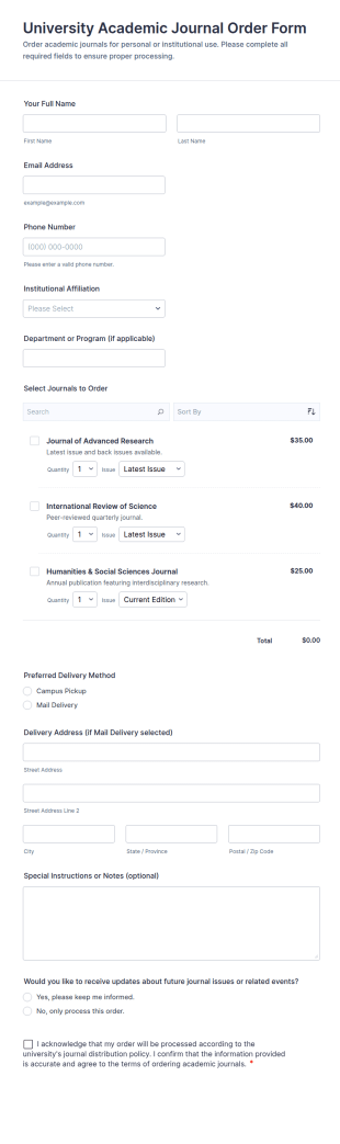 University Academic Journal Order Form Template