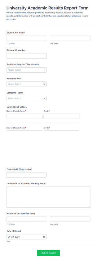 University Academic Results Report Form Template