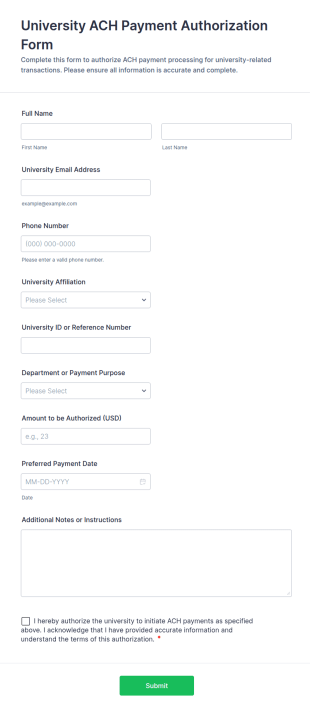 University ACH Payment Authorization Form Template