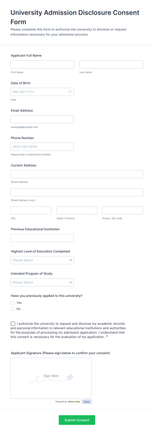 University Admission Disclosure Consent Form Template