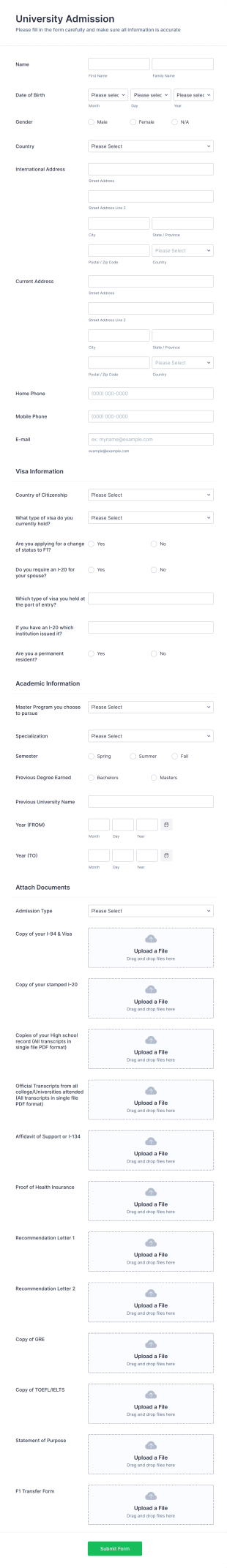 University Admission Form Template