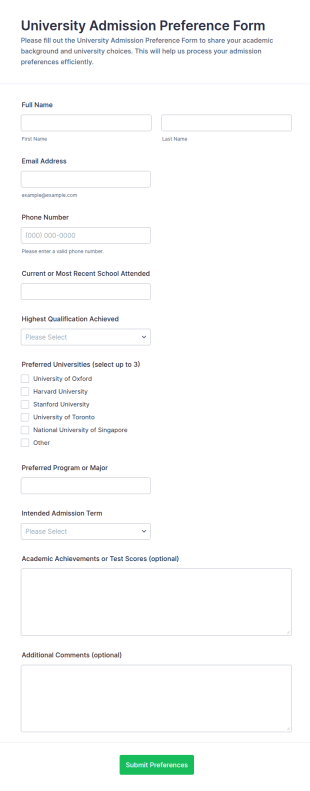 University Admission Preference Form Template