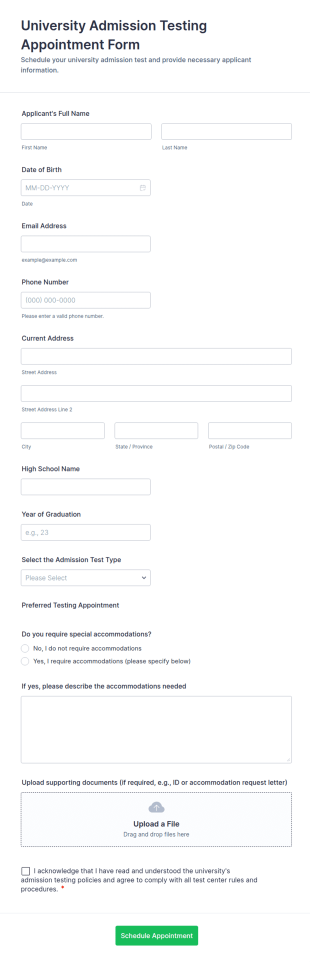 University Admission Testing Appointment Form Template