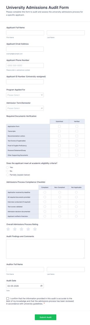 University Admissions Audit Form Template