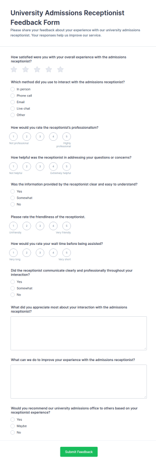 University Admissions Receptionist Feedback Form Template