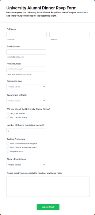 University Alumni Dinner RSVP Form Template