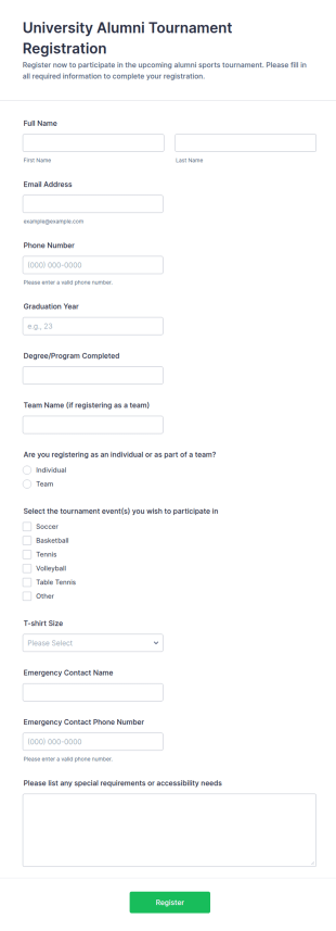 University Alumni Tournament Registration Form Template