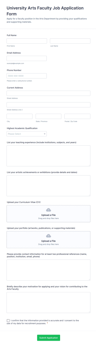 University Arts Faculty Job Application Form Template