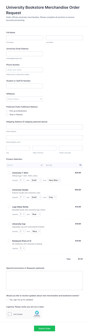 University Bookstore Merchandise Order Request Form Template