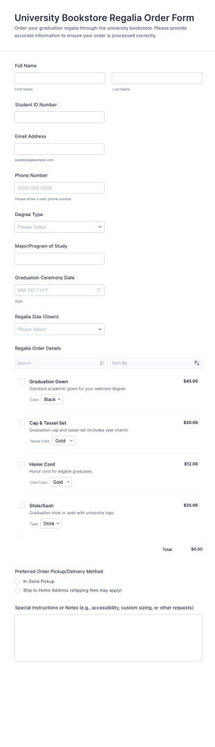 University Bookstore Regalia Order Form Template