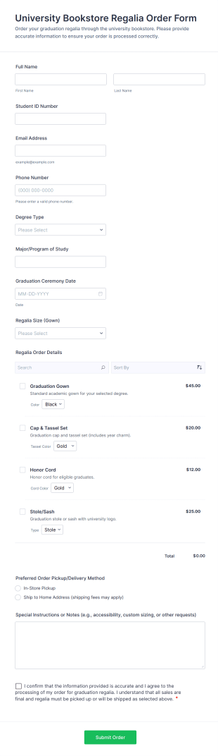 University Bookstore Regalia Order Form Form Template