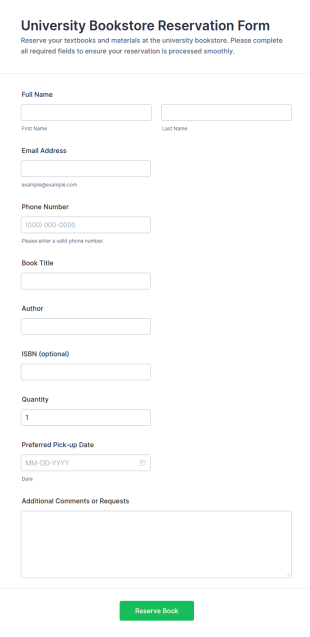 University Bookstore Reservation Form Template