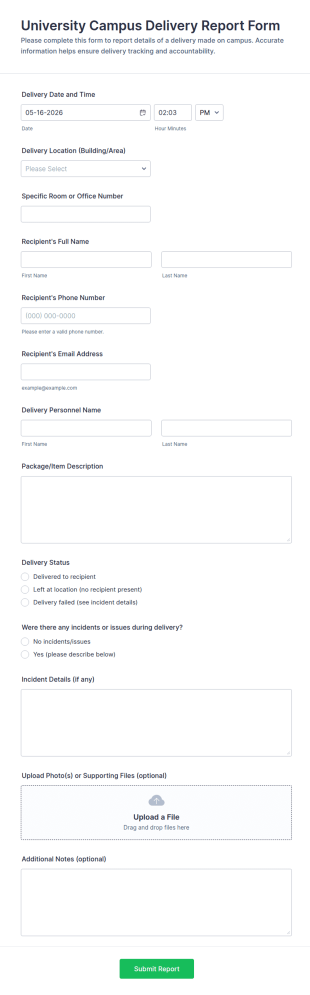 University Campus Delivery Report Form Template