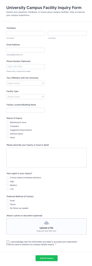 University Campus Facility Inquiry Form Template