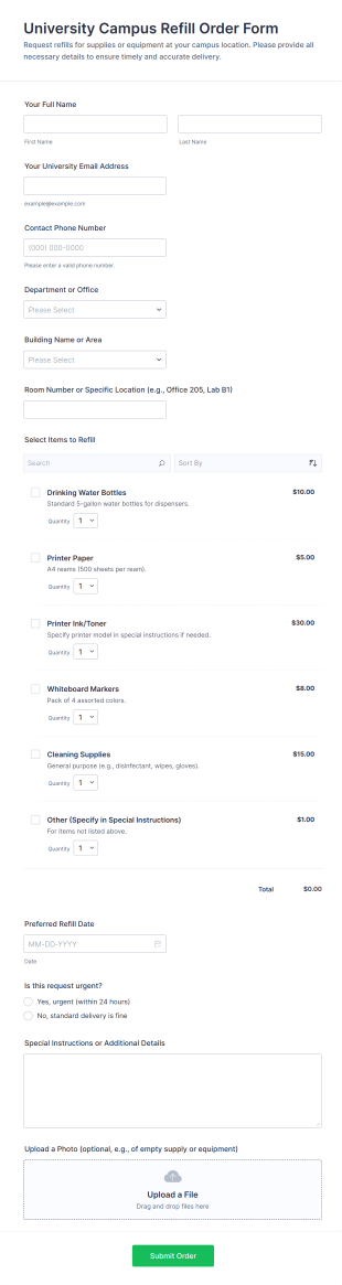 University Campus Refill Order Form Template
