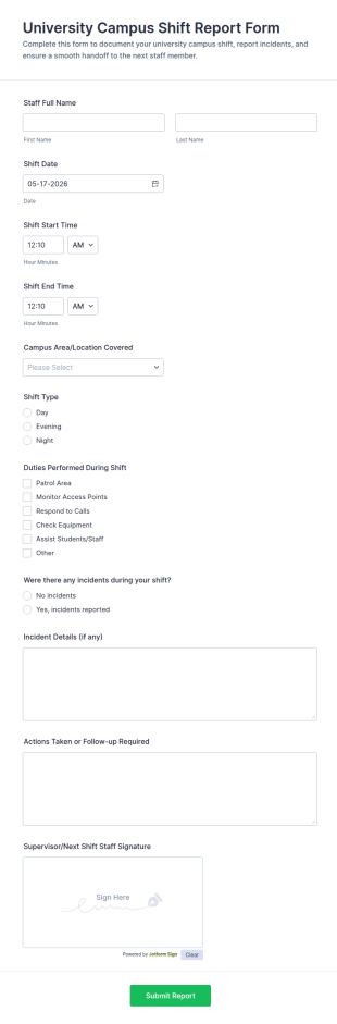 University Campus Shift Report Form Template
