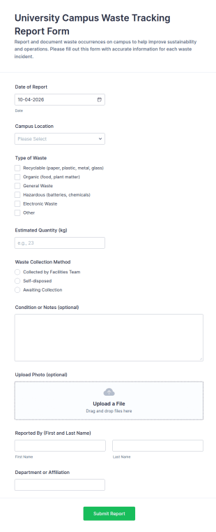 University Campus Waste Tracking Report Form Template
