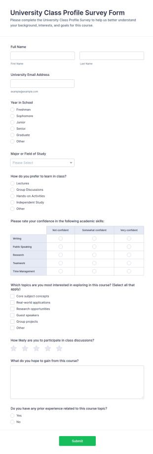 University Class Profile Survey Form Template