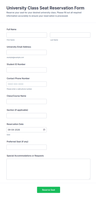 University Class Seat Reservation Form Template
