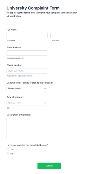 University Complaint Form Template