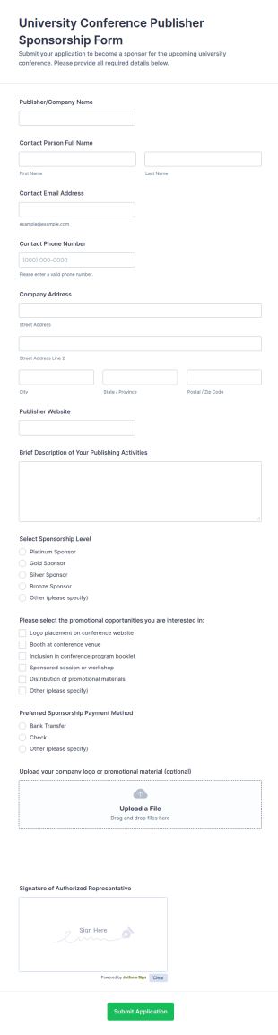 University Conference Publisher Sponsorship Form Template