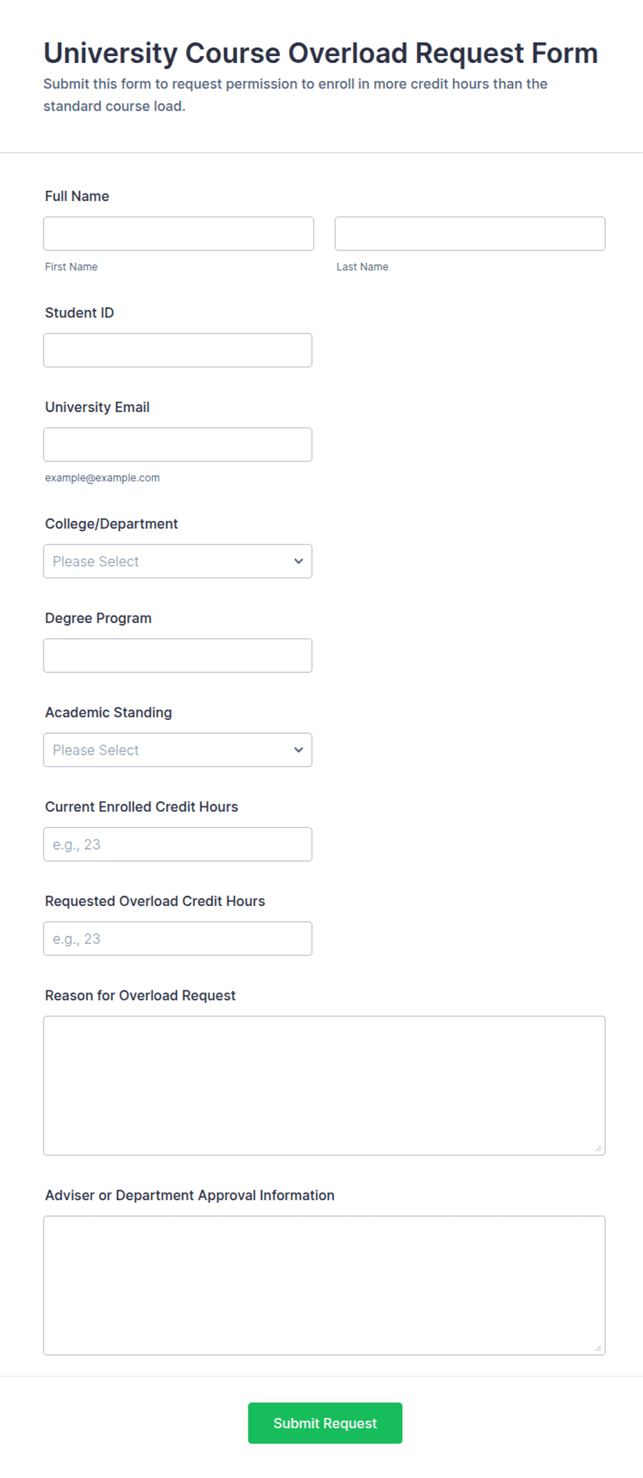 University Course Overload Request Form Template | Jotform