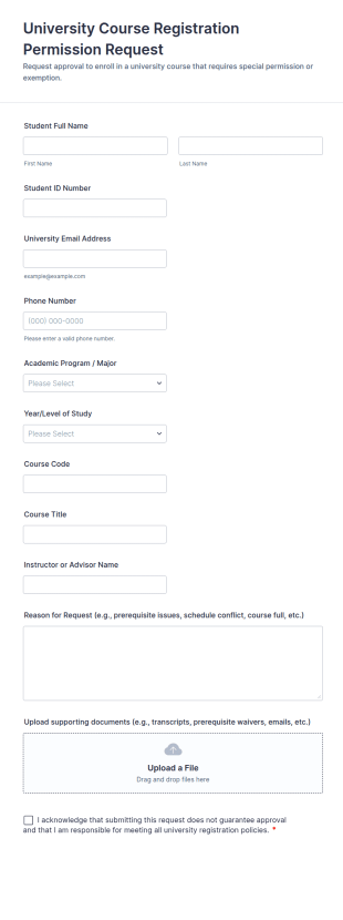 University Course Registration Permission Request Form Template