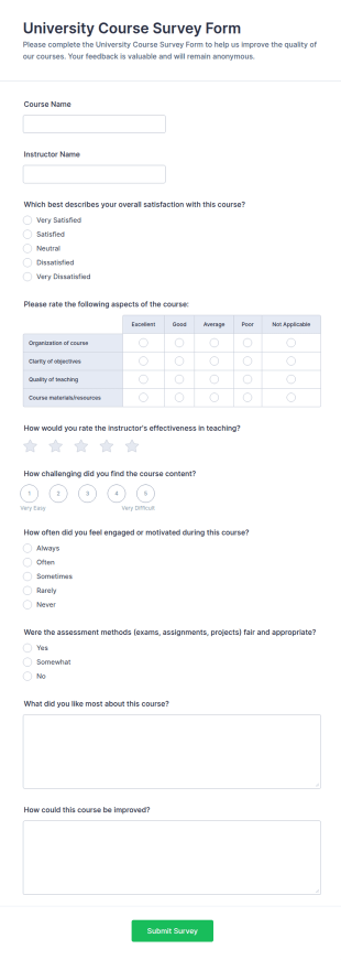University Course Survey Form Template