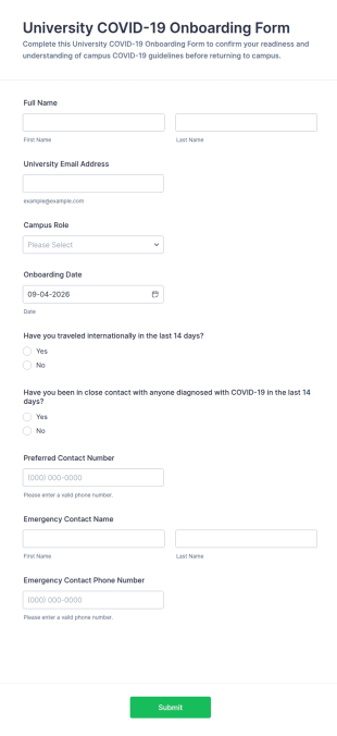 University COVID 19 Onboarding Form Template