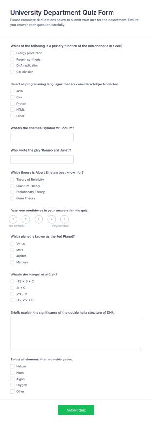 University Department Quiz Form Template