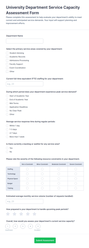University Department Service Capacity Assessment Form Template