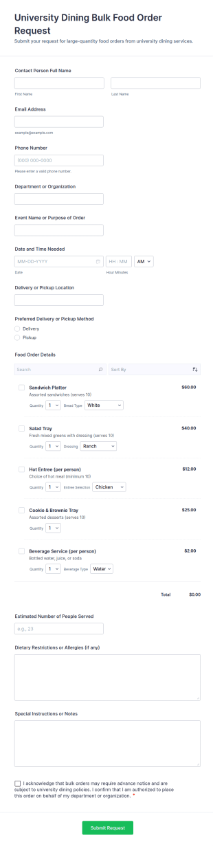 University Dining Bulk Food Order Request Form Template